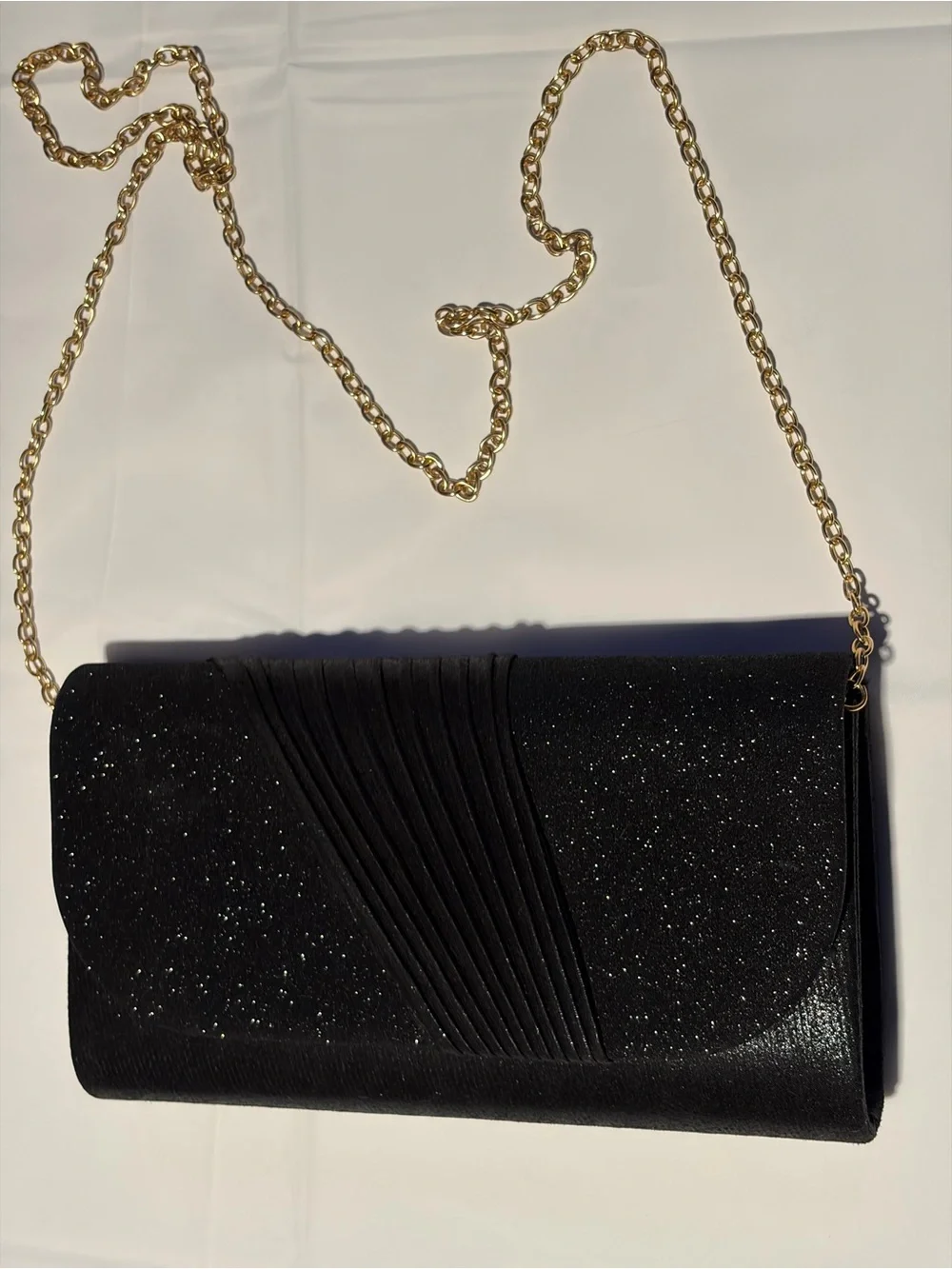 Black Glitter Evening Clutch with Gold Chain Strap